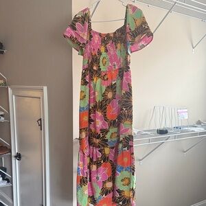 Pinch Floral Midi Dress in Black, Pink, Green, Orange